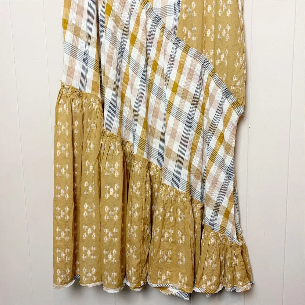 Free People No Stress Midi Dress Small Plaid  Mustard Yellow Boho Flowy Relaxed